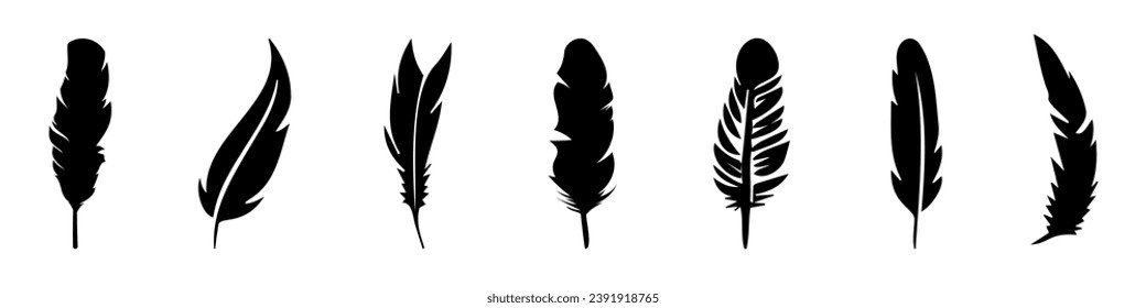 Abstract black bird feather icons. Feather silhouette collection. Elegance feather element decoration. Feather icons