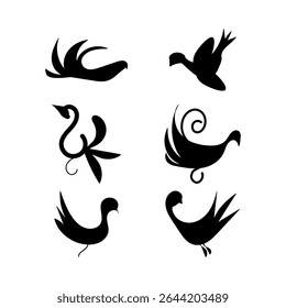 Abstract black bird silhouettes set, stylized decorative bird icons for logo design, tattoo inspiration,
 fabric prints, modern art posters, minimalist branding, nature-themed graphics
