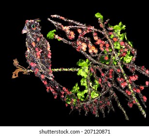 Abstract black bird sitting on the tree with rowan