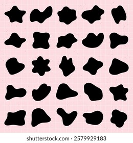 Abstract black blob shapes on a pink grid background. Random, organic blob shapes create a playful, artistic pattern. Perfect for creative, modern designs. Black shape vector set.