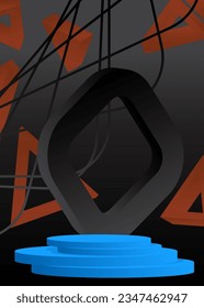 Abstract black, blue and brown vector cylinder pedestal podium. Mockup geometric product display. Stage showcase for presentation.