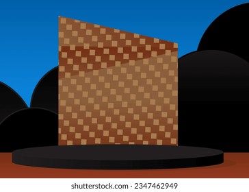 Abstract black, blue and brown vector cylinder pedestal podium. Mockup geometric product display. Stage showcase for presentation.