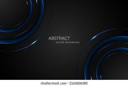 Abstract black and blue circle shape with blue glow lines on black background with free space for design.
