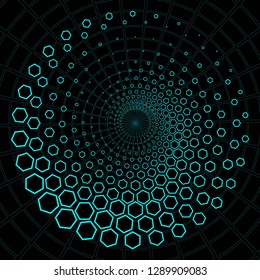 Abstract Black and Blue Geometric Pattern with Hexagons. Spiral-like Spotted Tunnel. Contrasty Optical Psychedelic Illusion. Vector. 3D Illustration