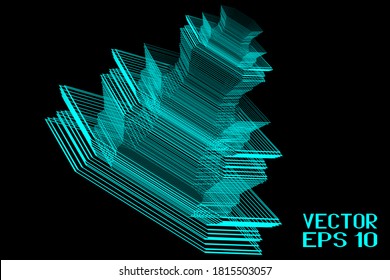 Abstract Black and Blue Geometric Pattern with Stripes. Optical Psychedelic Illusion. Futuristic Architectural Object Isolated on Black Background. Vector. 3D Illustration