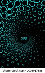 Abstract Black and Blue Geometric Pattern with Hexagons. Spiral-like Spotted Tunnel. Contrasty Halftone Optical Psychedelic Illusion. Vector. 3D Illustration