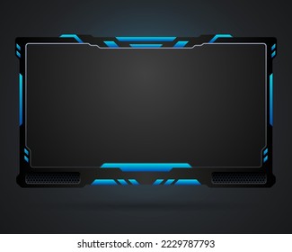 Abstract black and blue live stream overlay video screen panel, gaming interface webcam border frame template