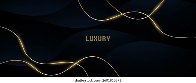 Abstract black and blue luxury background with glowing gold modern lines, creating an elegant and sophisticated artistic design.