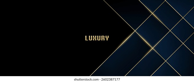 Abstract black and blue luxury background with glowing gold modern lines, creating an elegant and sophisticated artistic design.