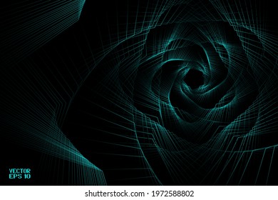 Abstract Black and Blue Pattern with Lines. Bright Spiral Flower Isolated on Black Background. Vector. 3D Illustration