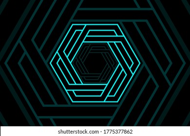 Abstract Black and Blue Pattern with Stripes. Hexagonal Tunnel. Contrasty Optical Psychedelic Illusion. Vector. 3D Illustration