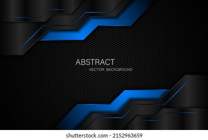Abstract black and blue polygon with blue glow lines on dark steel mesh background and free space for design.
