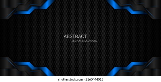 Resumen de polígono negro y azul con líneas de resplandor azul sobre fondo de malla de acero oscuro con espacio libre para el diseño. antecedentes de concepto de innovación tecnológica moderna
