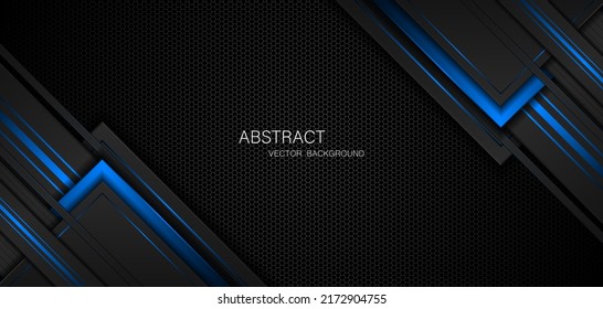 Abstract black and blue polygon with blue glow lines on dark steel mesh background with free space for design. modern technology innovation concept background
