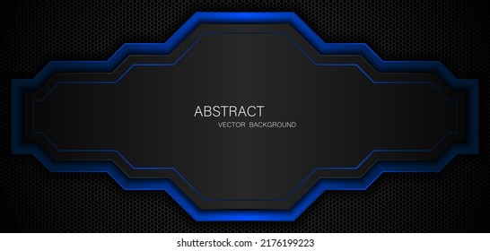 Abstract black and blue polygon with blue glow lines on dark steel mesh background with free space for design. modern technology innovation concept background
