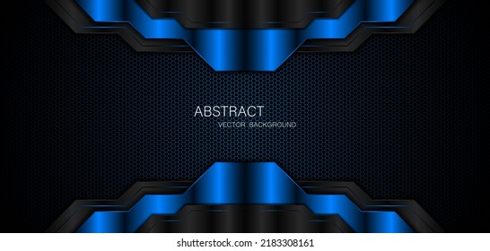 Resumen de polígono negro y azul con líneas de resplandor azul sobre fondo de malla de acero oscuro con espacio libre para el diseño. antecedentes de concepto de innovación tecnológica moderna	