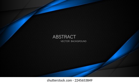 Resumen de polígono negro y azul con líneas de resplandor azul sobre fondo de malla de acero oscuro con espacio libre para el diseño. antecedentes de concepto de innovación tecnológica moderna
