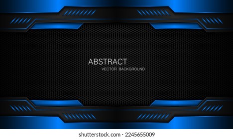 Abstract black and blue polygon with blue glow lines on dark steel mesh background with free space for design. modern technology innovation concept background
