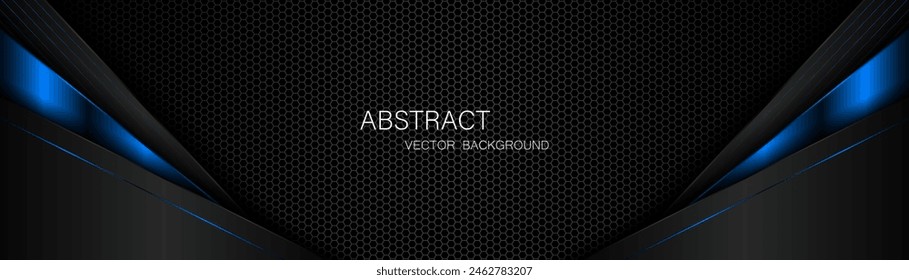 Abstract black and blue polygon with blue glow lines on dark steel mesh background with free space for design. modern technology innovation concept background