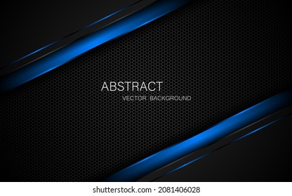 Abstrakte schwarz-blaue Polygons überlagern sich auf dunklem Stahlgitterhintergrund mit freiem Gestaltungsraum. modernes Innovationskonzept, Hintergrund
