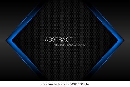 Abstract black and blue polygons overlapped on dark steel mesh background with free space for design. modern technology innovation concept background
