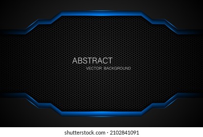 Abstract black and blue polygons overlapped on dark steel mesh background with free space for design. modern technology innovation concept background
