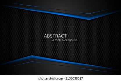 Abstract black and blue polygons overlapped on dark steel mesh background with free space for design. modern technology innovation concept background
