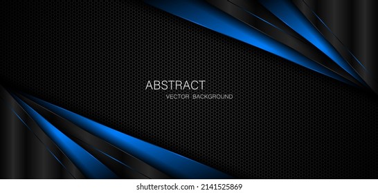 Abstract black and blue polygons overlapped on dark steel mesh background with free space for design. modern technology innovation concept background

