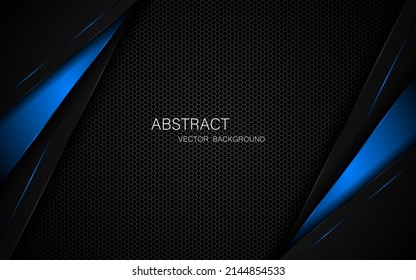 Abstract black and blue polygons overlapped on dark steel mesh background with free space for design. modern technology innovation concept background

