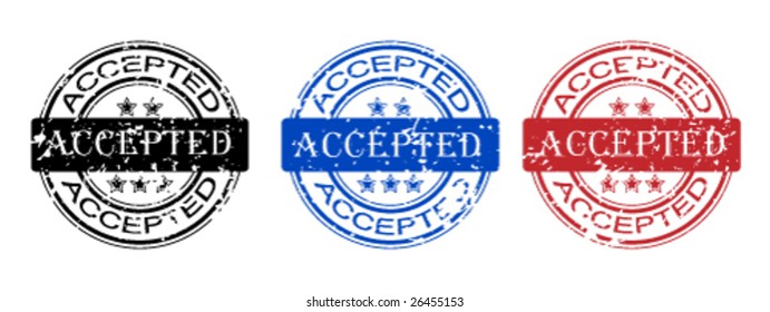 Abstract black blue and red grunge office rubber stamp with small stars and the word accepted written inside the stamp
