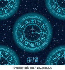 Abstract Black And Blue Seamless Pattern With Frame Of Zodiac Signs. Horoscope Symbol. Hemisphere Sky Map. Bright Constellations On Starry Night Background. Vector Illustration