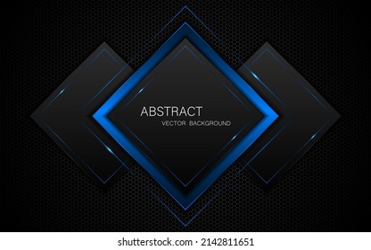 Abstract black and blue square shape with blue glow lines on dark steel mesh background.
