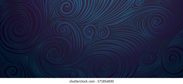 Abstract black and blue vector background with handdrawn spirals.