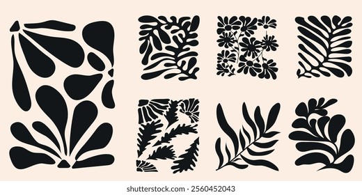Abstract black botanical silhouettes featuring various leaf and floral shapes in square designs. Floral doodle naive patterns. Contemporary matisse style. Trendy vector set.
