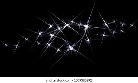 Abstract black bright glowing shiny texture with the image of the galaxy, the universe, stars and constellations with rays and flashes. Vector illustration.