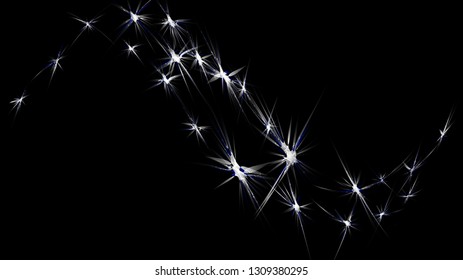 Abstract black bright glowing shiny texture with the image of the galaxy, the universe, stars and constellations with rays and flashes. Vector illustration.