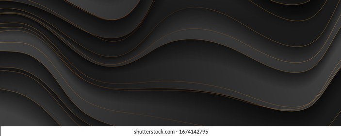 Abstract black and bronze corporate banner graphic design with curved waves. Golden deluxe background. Vector illustration