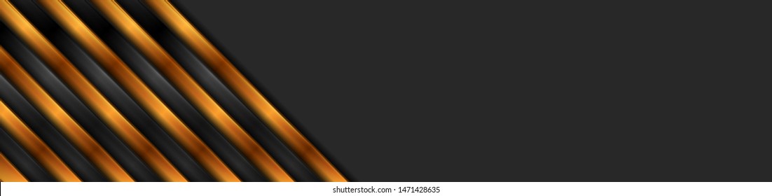 Abstract black and bronze technology web banner design with diagonal glossy stripes. Dark geometric background. Vector illustration