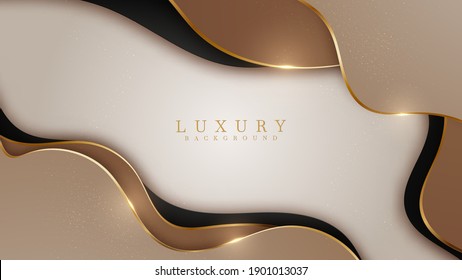 Abstract black and brown luxury background with golden line , paper cut style 3d. vector illustration.