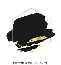 Abstract black brush background with hexagon geometric frame golden color