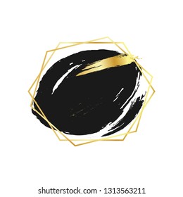 Abstract black brush background with hexagons geometric frame golden color