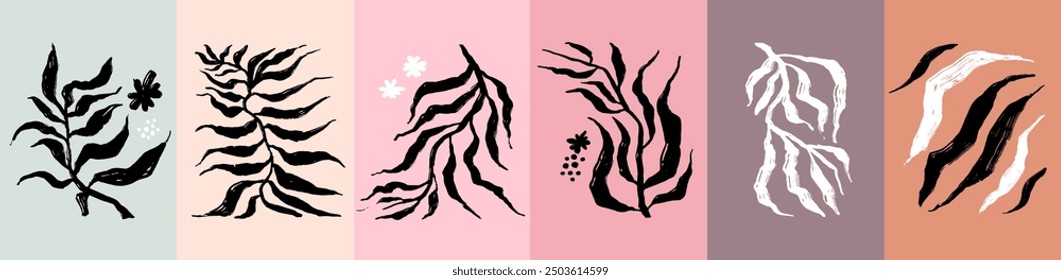Abstract black brush drawn branches, flowers with long leaves. Botanical silhouette, doodle plant shapes. Silhouettes exotic botanical background in sketch. Vector twig, leaves or sprig grunge style.
