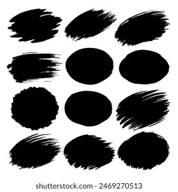 Abstract black brush stroke circles with creative designs, bold patterns, and elements