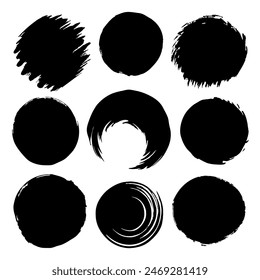 Abstract black brush stroke circles with creative designs, bold patterns, and elements