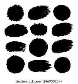 Abstract black brush stroke circles with creative designs, bold patterns, and elements