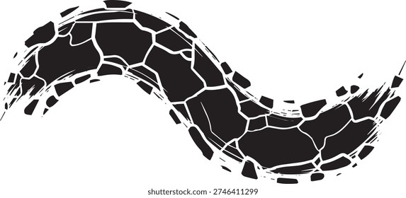 Abstract black brush stroke with a cracked pattern flowing in an S-shape against a clean white background