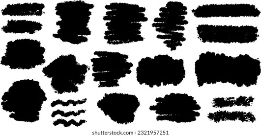 Abstract black brush strokes. Grunge monochrome texture. Vector set of elements.