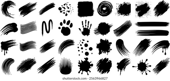 Abstract black brush strokes, ink splatters, handprints, and artistic grunge textures perfect for digital design, backgrounds, or creative projects. smudge vector elements for modern, expressive desig