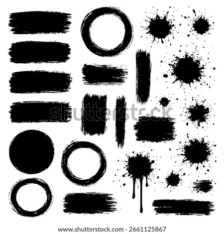 abstract black brush strokes, ink splatters, and circular elements on a clean white background. This versatile set includes thick and thin lines, rough and smooth textures, expressive paint marks