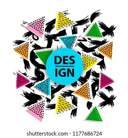 Abstract black brush strokes lines, colorful triangles on the white background. Template for card, banner, poster. Vector illustration